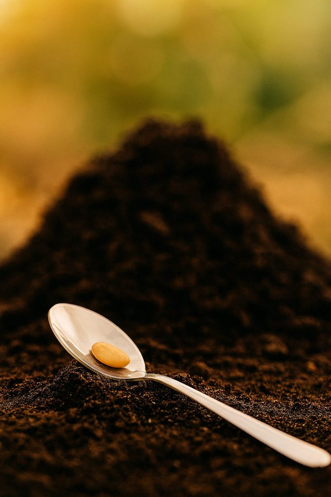 Ein silberner Teelöffel pflanzt einen Samen in dunkle Erde. Symbol für kleine Schritte und nachhaltige Veränderung im Coachingprozess für Frauen ab 40